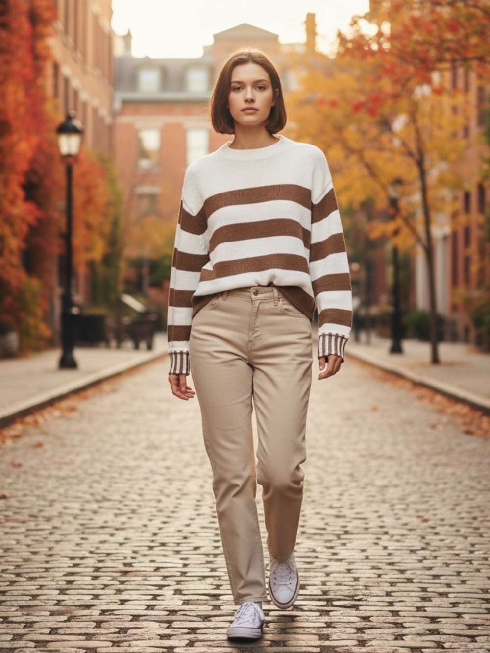 Z38 Zenana Striped Crewneck Sweater - White and Brown